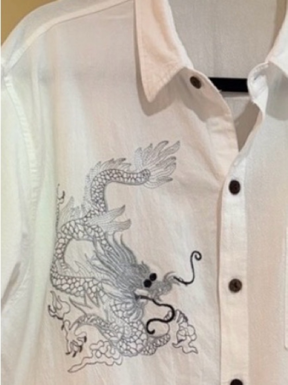 Asian Inspired Dragon Embroidery White Short-Sleeve Button-Up Shirt 2XL